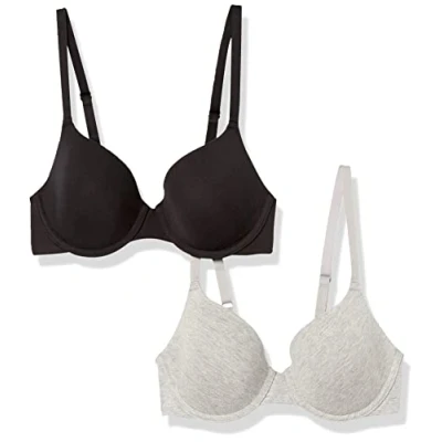 Image of Amazon Essentials Women&#039;s Comfortable Underwire T Shirt Bra, Pack of 2, Black/Grey Heather, 30A