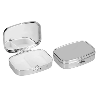 Image of kwmobile 2 Compartment Pill Box Set of 2x Stainless Steel Travel Organizer For Tablets and Prescriptions Silver