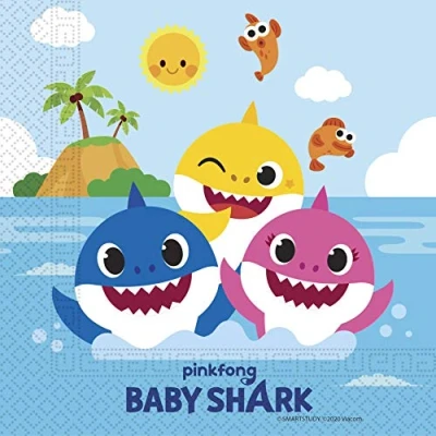 Image of Procos 92542 Napkins, Baby Shark, Fun in The Sun, 33 x cm, FSC® Mix, Pack of 20, Birthday, Theme Party