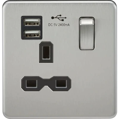 Image of Screwless Single Switched Socket with Dual USB Charger in Brushed Chrome Black Insert