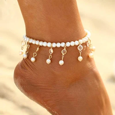 Image of Handcess Boho Pearl Anklet Gold Ankle Bracelets Rhinestone Beads Tassel Foot Chain Jewelry for Women and Girls