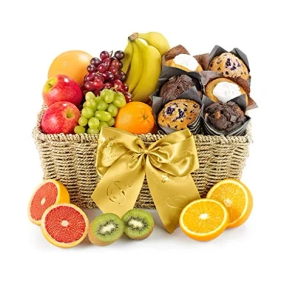 Image of Fresh Fruit and Muffin Hamper Gourmet Gift Basket with Grapes, Apples, Oranges Tulip Muffins Gifts for Birthdays Celebrations, from Regency Hampers