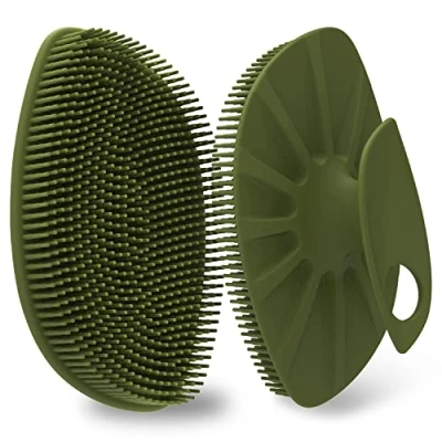 Image of HieerBus Silicone Body Scrubber Flat Shower Brush Gentle Exfoliating and Massage,Lathers Well More Hygienic Than Traditional Loofah 1 Pack (Army Green)