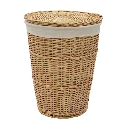 Image of JVL Hand Woven Acacia Round Laundry Willow Basket with Lid, Honey Finish