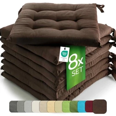 Image of Etérea 8er Set Seatcushion Outdoor 40x40 with ties Seat Pad Brown for Garden &amp; Indoor washable Char Cushion Patio Kitchen Dining 8 Pieces Pillow cm
