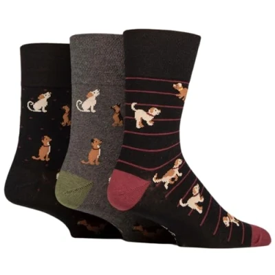 Image of Mens 3 Pair Gentle Grip Fun Feet Socks Team Dog 6 11