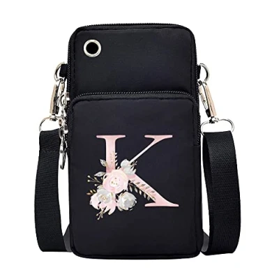 Image of FINDING CASE initial letter Printed Women Girls men Zipper Waterproof Nylon 3 Layers Crossbody Bags Wallet Cellphone Purse Shoulder Bag Wristlet Handbags Adjustable Strap (Pink Flower K)