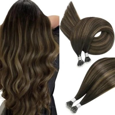 Image of Easyouth Hair Extensions Nano Human Brown Ombre Beads Balayage Pre Bonded Ring 16 Inch 50g/50s
