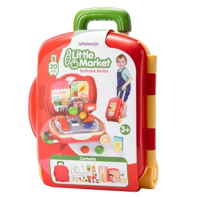 Image of PETERKIN Little market wheelie case Toy 20 piece, brightly coloured, grocery shop in a 34cm with retractable handle Roleplay Toys Ages 3+