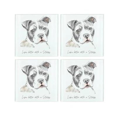 Image of Staffy Coaster Set Life&#039;s Better With a Dog Gift Square Glass of Four (4) Coasters