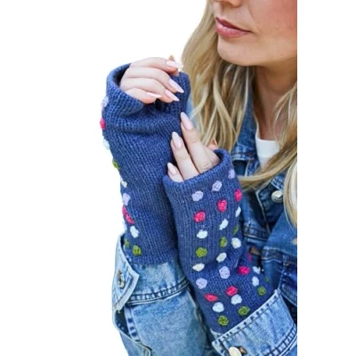 Image of Pachamama Women Wool Hand Wrist Warmers Fleece Lined Handknitted Embroidered Roses Spots Multicoloured One Size Handmade Thumbslot Thermal Extra Warm Fair Trade (Denim, Size)