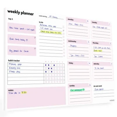 Image of Weekly Planner Pad with daily planning sections A4 52 sheets 100gsm paper Undated Calendar Habit Tracker, To Do, Priority Lists and Notes For work home study revision