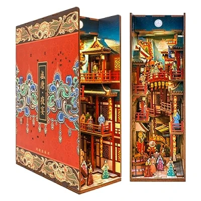 Image of Tonecheer DIY Book Nook Kit, Wooden 3D Puzzle Dollhouse Miniature Building Adult Modeling, Creative Bookcase Decoration with LED Light (The Banquet of the Tang Dynasty)