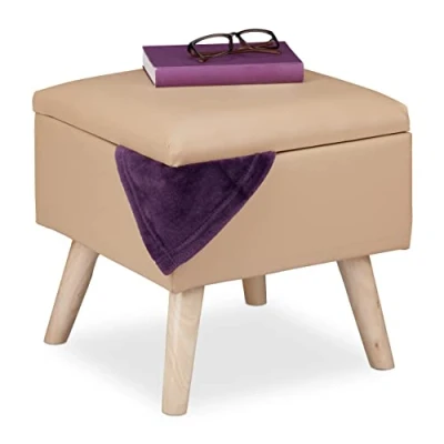 Image of Relaxdays Ottoman with Storage Space, Imitation Leather Footstool, HWD: 40x40x40 cm, Lid, Upholstered Seat, Beige