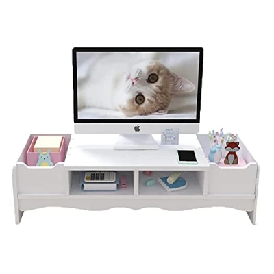Image of Computer Monitor Stand with Drawers White TV Laptop Printer Stand,2 Tier Desktop Riser Shelf,Storage Organiser for Office Supply