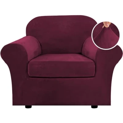 Image of LINGKY Velvet Sofa Cover 1 Seater With Separate Seat Cushion Covers, Stretch Couch Non Slip Slipcovers for Living Room Furniture Protector (Wine Red,1 Seater)