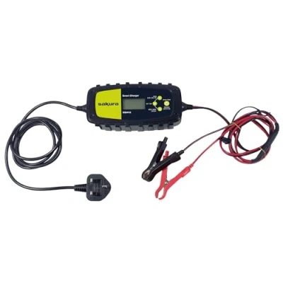 Image of Sakura 4 Amp 6 V/12 V Intelligent Car Battery Charger SS5412 Lithium, AGM, Lead Acid Batteries Spark Proof Polarity Protected Clamps/Eyelet Connectors, Black Neon