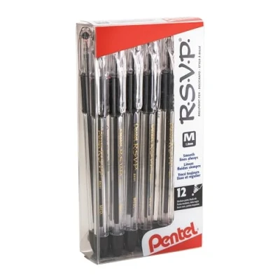 Image of R.S.V.P. Pentel Ballpoint Pen, Medium, Black Ink, Pack of 12)