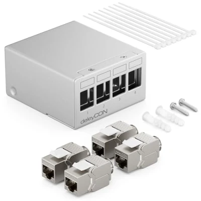 Image of deleyCON 4 Port Patch Panel Set Field Distribution 1HE + 4x RJ45 Keystone Jack Modules STP CAT6a Compatible with CAT5 CAT6 CAT7 Installation Cable Network Ethernet LAN DSL Grey
