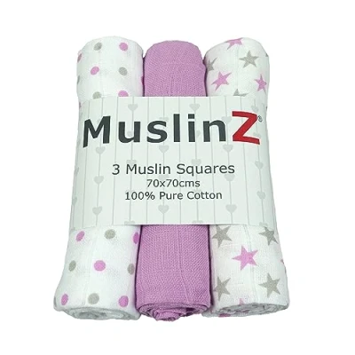 Image of MuslinZ Baby Muslin Squares Burp Cloths 3 Pack 100% Pure Cotton, 70cms, Essential, Soft Breathable and Absorbent (Violet Star)