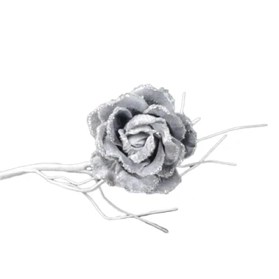 Image of 10cm Clip on Rose Flower Christmas Tree Decoration Silver