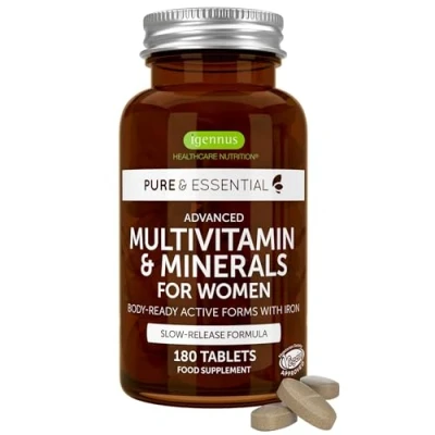 Image of Advanced Methylated Multivitamin Tablets for Women, High Potency &amp; Clean Label, Sustained Release, Active B12 Vitamins Plus Gentle Iron, Easy to Swallow, Vegan, 180 Tablets, 90 Servings, by Igennus