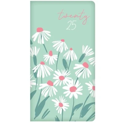Image of 2025 Hardcover Diary Week to View Slim Wallet Planner Soft Green White Daisy Design