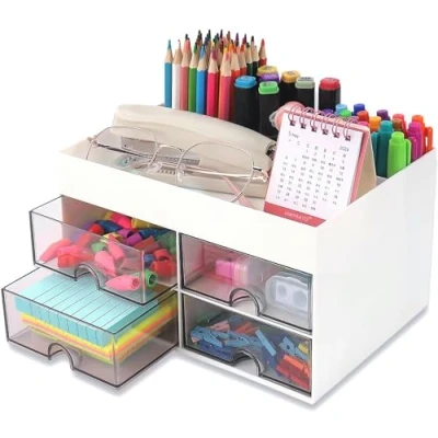 Image of KAHEIGN Desk Organiser with 4 Drawers, 19CM x 14CM Multi Functional Tidy Large Capacity Pen Holder Makeup Organizer for Kids Teacher Gift Office School Home Table Decor (White)