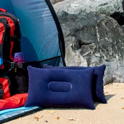 Image of TRIXES Navy Blue Soft Inflatable Camping Travel Pillow Cushion Compact Air Blow Up for Beach Sun Lounger Sunbathing Backpacking Hiking Accessory Travelling