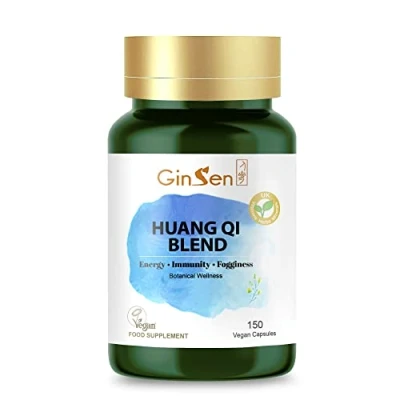 Image of GinSen Huang Qi Blend, Vegan Approved Astragalus Supplement, Added Rhodiola and Magnesium, Focus &amp; Concentration, Reduce Tiredness Fatigue, 150 Capsules, Made in UK