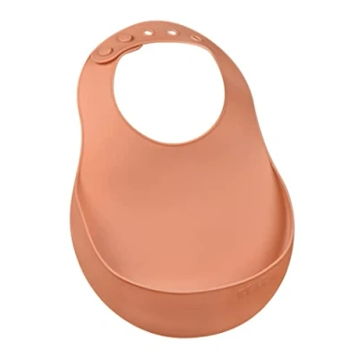 Image of Béaba Silicone Baby Bib Waterproof Multi Adjustable Neck Width Flexible and Lightweight Ultra Soft Easy to Clean Large drip Tray Terracotta