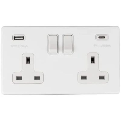 Image of 2 Gang 13A Double Switched Sockets with 2x USB Fast Charging Ports 3.1A Outlets: 1x Type A &amp; C (White/Flat Concealed)
