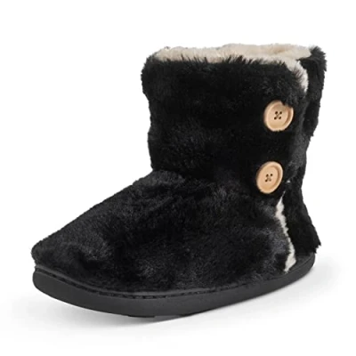 Image of Polar Womens Memory Foam Knitted Button Faux Fur Outdoor Rubber Sole Plush Winter Comfort Slippers Black AYC0880 EU37/UK4
