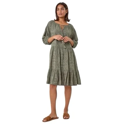 Image of Roman Originals Women Broderie Tiered Smock Dress Ladies Spring Holiday Summer Casual V Neckline Short Sleeve Relaxed Lined Comfy Dresses Cotton Frill Khaki Size 20