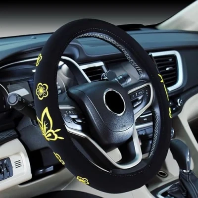 Image of Mayco Bell 2018 Automotive Women Embroidery Cute Car Steering Wheel Cover (Yellow Butterfly)