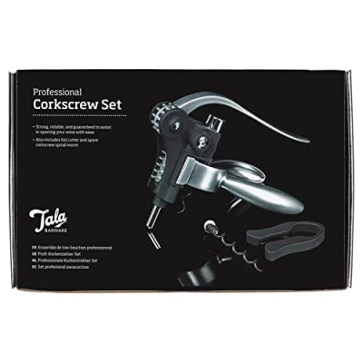 Image of Tala Barware, Professional Wine Corkscrew Set Opener Gift Set, with Lever Arm Rabbit Bottle Opener, Spare Screw &amp; Foil Cutter Barware Utensils for Lovers Steel, Black