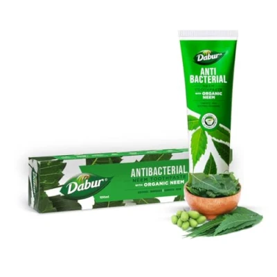 Image of Dabur Neem Organic Toothpaste 100ml Antibacterial Natural Oral Care with Extracts for Fresh Breath &amp; Healthy Teeth Fluoride Free Formula Fight Germs and Protect Gums