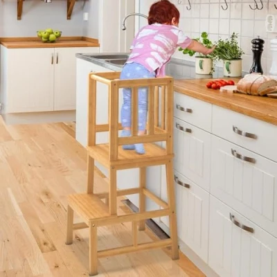 Image of COSYLAND Kitchen Nursery Step Stool for Kids Toddlers Children,Standing Tower Counter, Mothers&#039; Helper Learning Stool,Made of Natural Solid Bamboo(Natural)