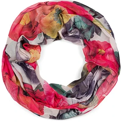 Image of styleBREAKER Ladies Loop Scarf with Colourful Floral Pattern, Lightweight Summery Tube multi coloured 01016217, Colour:Red Green