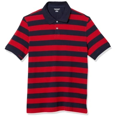 Image of Amazon Essentials Men&#039;s Regular Fit Cotton Pique Polo Shirt (Available in Big &amp; Tall), Navy Red Rugby Stripe, S