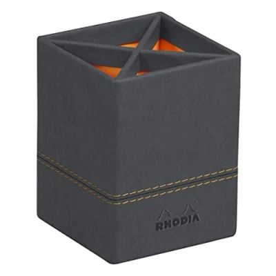 Image of RHODIA 194525C Titanium Pencil Pot 8x8x11 cm Orange Saddle Stitching Faux Leather Exterior Home Office Collection Rhodiarama Organization &amp; Design Storage