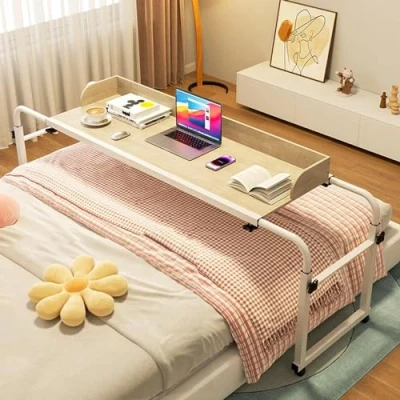 Image of ZHFASDS Mobile Overbed Table，Computer Table With Wheels Adjustable Height Portable Desk Castor Over Bed 115 210cm Medical Wheels(Color:Wood)