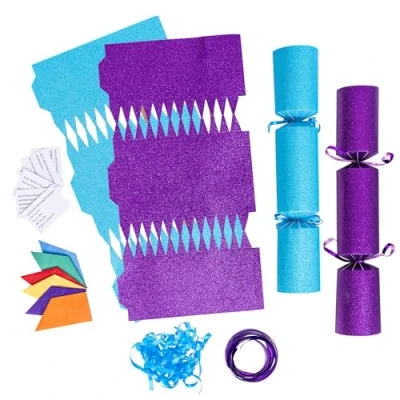 Image of evelay 12 Make Your Own Christmas Cracker Kit DIY Purple &amp; Blue Glitter Crackers Hats Snaps Jokes (Purple, Blue)