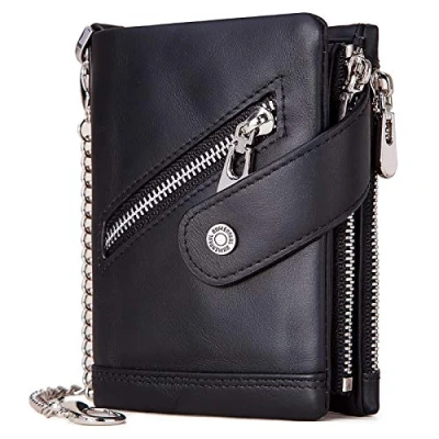 Image of gzcz Mens Wallet with Chain Genuine Leather Purse RFID Blocking Bifold Credit Card Holder Wallets Double Zipper Coin Pocket Anti Theft