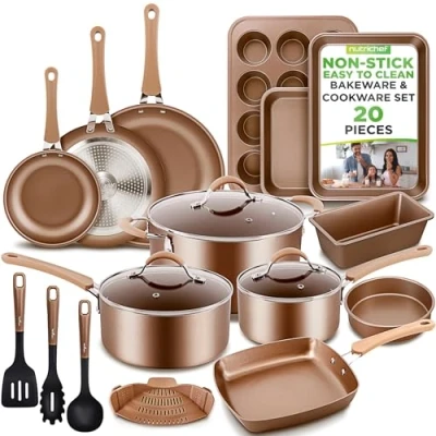 Image of NutriChef 20 Piece Nonstick Kitchen Cookware Set PFOA/PFOS Free Heat Resistant Lacquer Ware Pots Baking Pan w/Saucepan, Frying Pans, Cooking Pots, Oven Pot, Lids, Utensil Gold