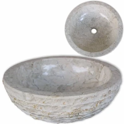 Image of vidaXL Cream Marble Wash Basin Stylish Natural Stone Bathroom Sink Featuring Rough Outer Surface with Elegant Round Shape