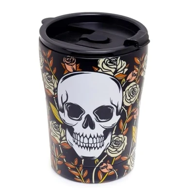 Image of Puckator Skulls &amp; Roses Reusable Stainless Steel Hot Cold Thermal Insulated Food Drink Cup 300ml Thermos Travel Mug Tumbler with Straw and Lid Bubba Bottle