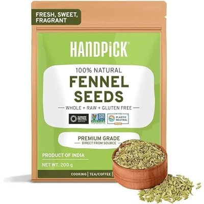 Image of HANDPICK, Fennel Seeds (200g/7oz) Gluten free, Raw Seed from India Resealable Zip Lock Pouch for Cooking, Smoothies &amp; Lattes