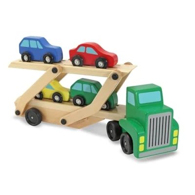 Image of Melissa &amp; Doug Wooden Car Transporter Toy Truck Cars Toys for 3 Year Old Boy Gifts Set Toddler 3+ Boys Girls 4 5 6