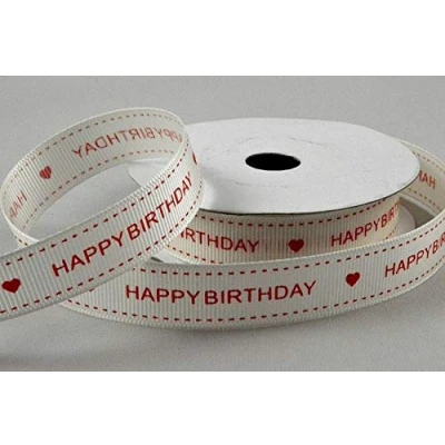 Image of Happy Birthday Printed Ribbon, Cream &amp; Red Grosgrain 16mm x 10 Metre roll